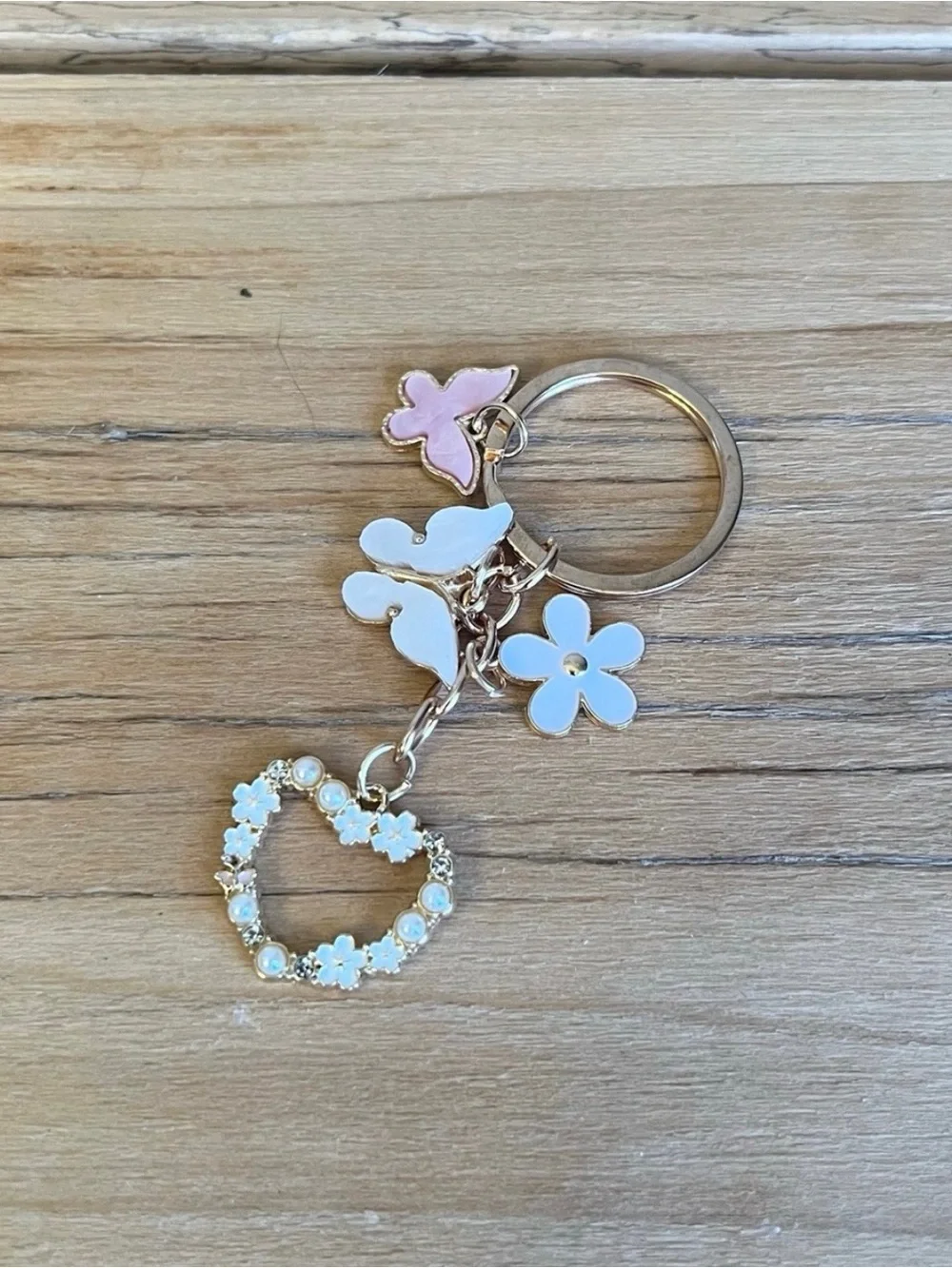 Bag Charm/Keyring-Pink & White Floral Heart Keychain-Gold Plated